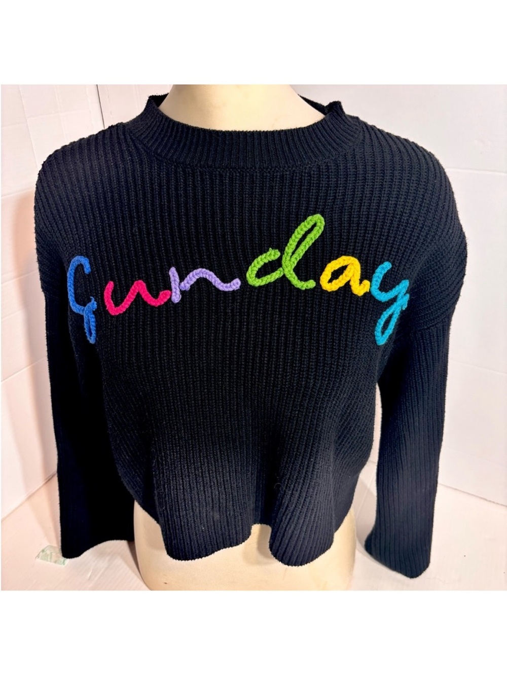Moon & Madison Rainbow "Sunday" Embroidered Cropped Knit Sweater – Size S - Picture 2 of 10
